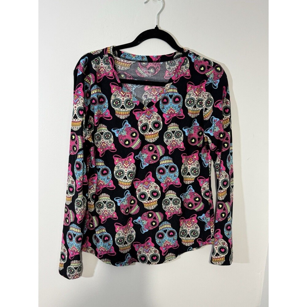 No Boundaries Skull Print Bow Long Sleeve Top Black Juniors XL